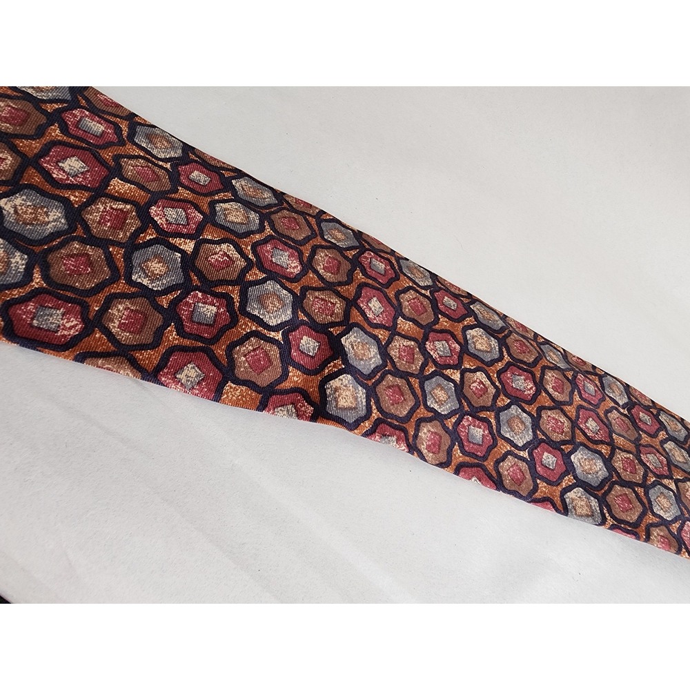 Hathaway Mens Silk Necktie Geometric Honeycomb Rust Burgundy Navy Made in USA